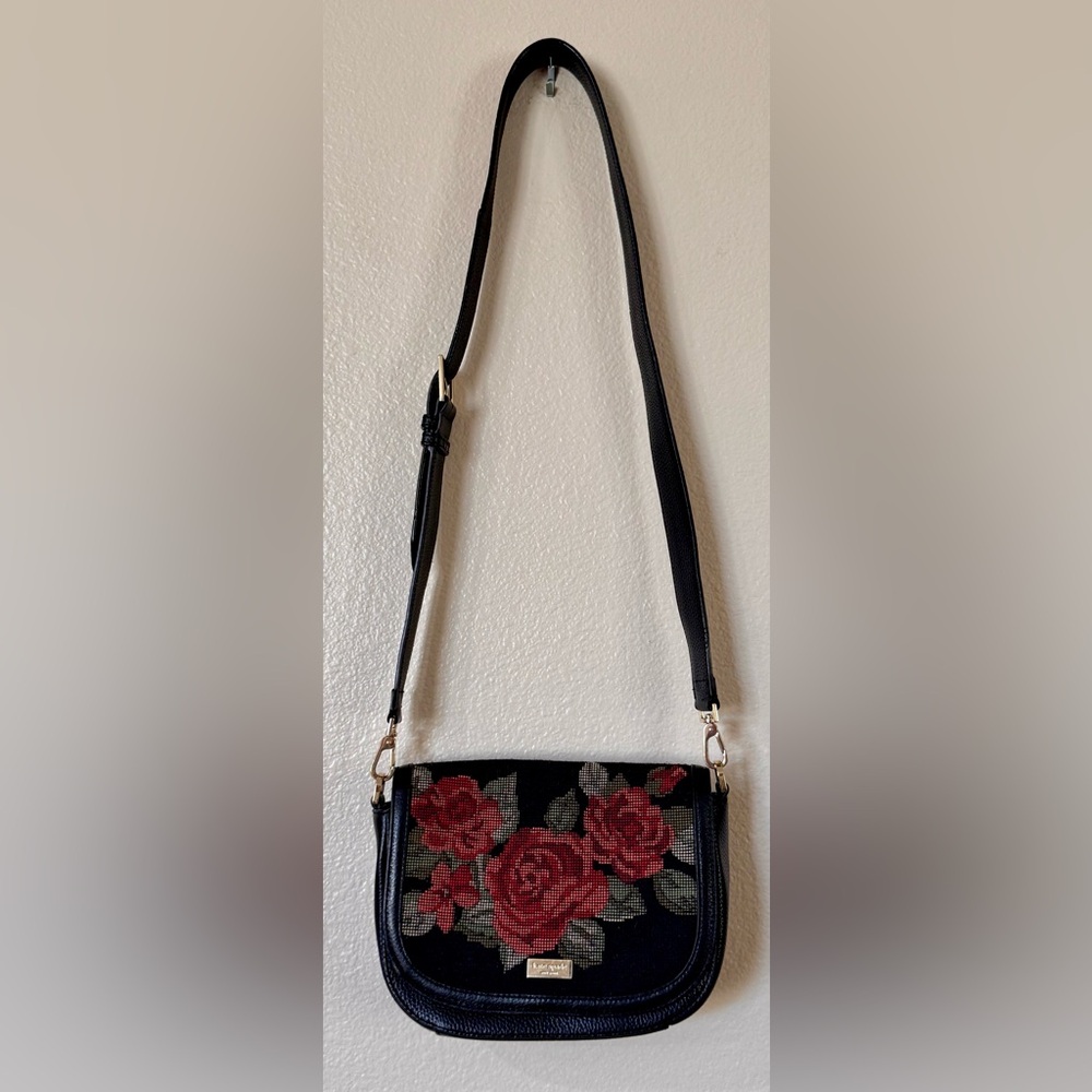 Kate Spade Seeley Lane Rae Black Floral Needlepoint Crossbody Leopard Strap